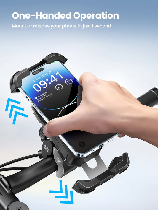Hand placing a smartphone into the handlebar phone mount