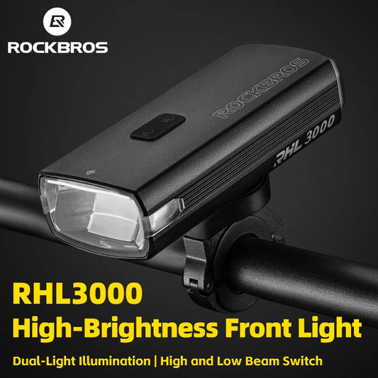 ROCKBROS RHL3000 black front bike light mounted on a handlebar